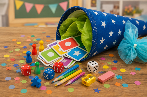 Eine Schultüte mit Spielkarten und Würfeln
